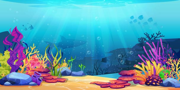 Mundo submarino fondo marino, arrecife de coral, algas marinas - Vector, Imagen