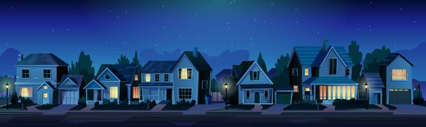 Улица с пригородными домами с ночным освещением - Вектор,изображение