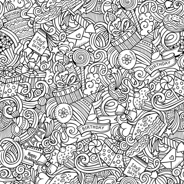Happy Birthday hand drawn doodles seamless pattern. Holiday background. Cartoon cheerful coloring page design. Sketchy raster festive illustration - Photo, Image
