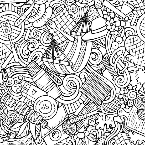 Piquenique mão desenhado doodles padrão sem costura. Fundo de churrasco. Desenhos animados design de página de coloração de alimentos e natureza. Rastejante grelhador churrasco e grelha ilustração - Foto, Imagem