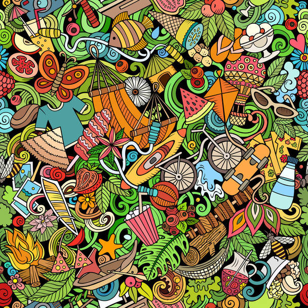 Cartoon doodles Summer seamless pattern. Backdrop with Summertime activities symbols and items. Colorful detailed background for print on fabric, textile, phone cases, wrapping paper. - Foto, immagini