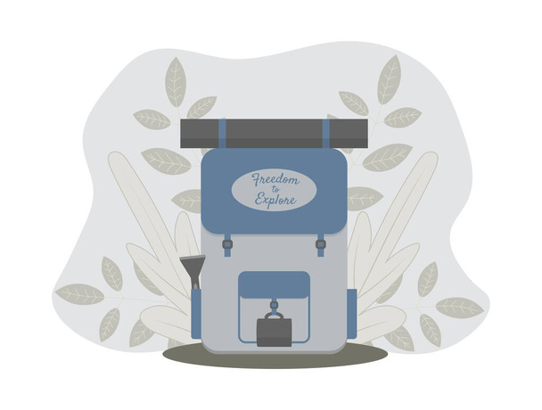 Front view of a backpack for hiking and tourism with a mat, a mug and a torch. - Vector, Image