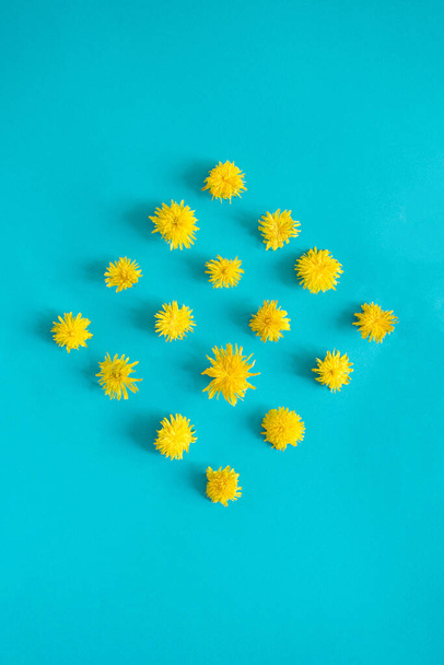sunny spring minimal flat lay concept.idea pattern on a blue background - Photo, Image