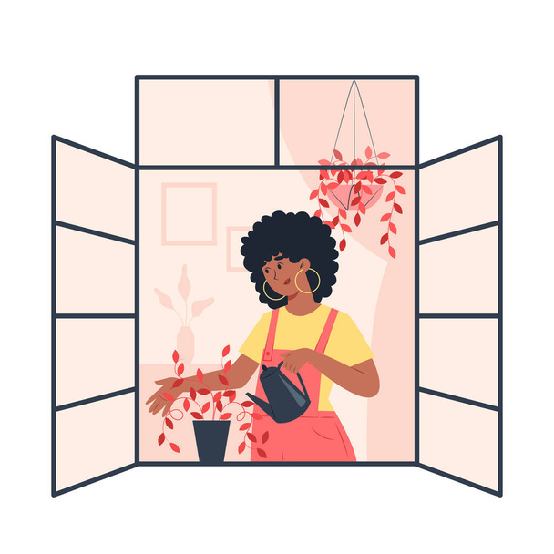Mujer joven regando plantas en una ventana abierta - Vector, Imagen