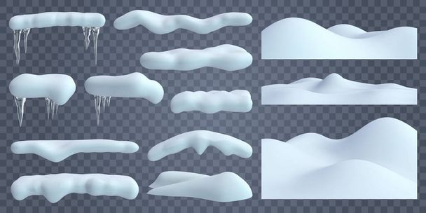 Realistiset lumilakit. Lumi drift jäädytetty jääpuikkoja ja lumen rajoja, joulu luminen talvi koristeet vektori kuvitussarja. Talvi lumi korkit elementit - Vektori, kuva