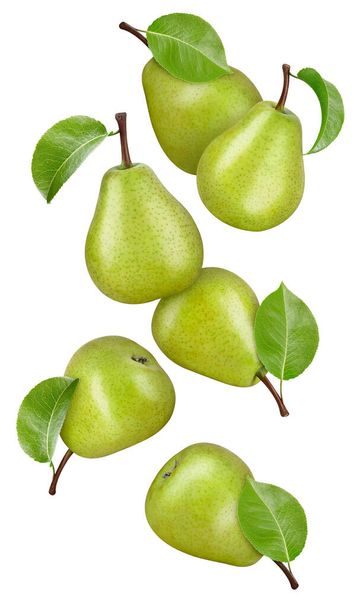 Pear fruit with pear leaf isolated on white background. Pear clipping path. Professional studio macro shooting - Фото, изображение