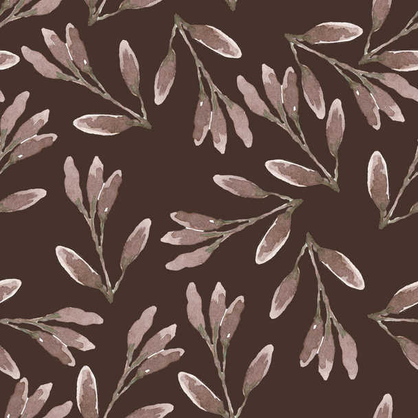 WATERCOLOR ILLUSTRATION SEAMLESS PATTERN,BRANCHES WITH ELONGATED OBLONG LEAVES ON A DARK BACKGROUND - Foto, afbeelding