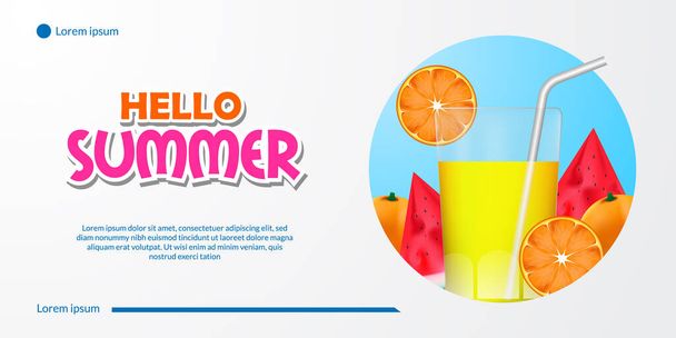 オレンジとスイカのイラストとフルーツトロピカルジュース飲料とこんにちは夏のバナー白い背景 - ベクター画像