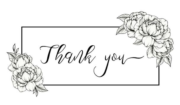 Thank you card, black hand written calligraphy text with square line frame and hand drawn peony flowers, thank you lettering, flat illustration design - Photo, Image