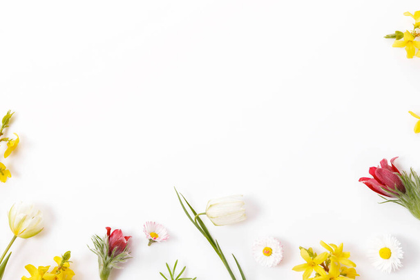 Tavaszi keret kis virágok és százszorszép, virágdísz - Fotó, kép
