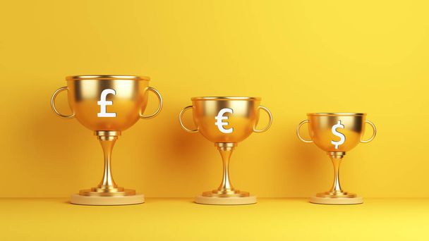 Goldene Tasse und weiße Farbe Geld Symbol Text auf gelb-farbigem Hintergrund horizontale Komposition mit Kopierraum 3D-Render - Foto, Bild