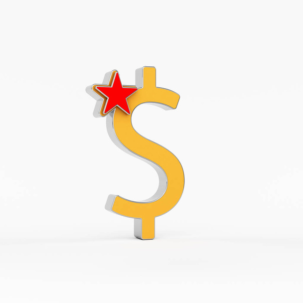 Concept dollar avec étoile rouge isolée sur fond blanc. Composition horizontale avec espace de copie rendu 3d - Photo, image