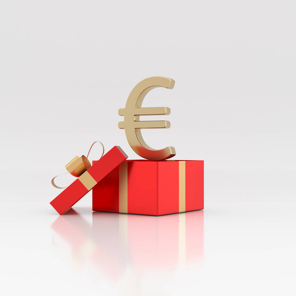 Finanzkonzept Gold gefärbtes Euro-Symbol mit Geschenkbox isoliert auf weißem Hintergrund Horizontale Komposition mit Kopierraum 3D-Rendering - Foto, Bild