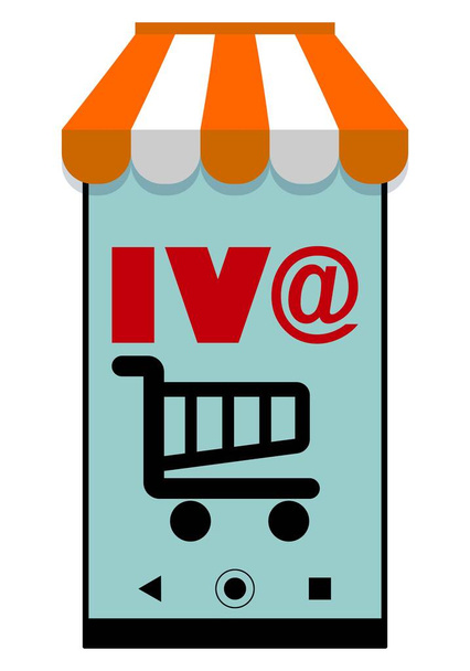 VAT na sprzedaż online z ikoną sklepu internetowego, znakiem at i koszykiem. VAT z handlu elektronicznego. Opodatkowanie sprzedaży internetowej w Unii Europejskiej - Wektor, obraz