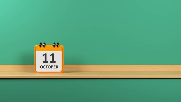 Der gelb gefärbte winzige Kalender steht auf Holz vor dem grün gefärbten Hintergrund Horizontale Komposition mit Kopierraum 3D-Rendering - Foto, Bild