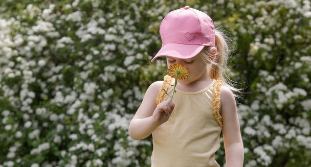 Portrait of cute toddler girl smelling flowers on a sunny summer day in park. - Фото, зображення