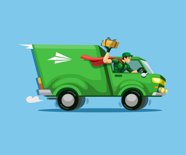 Courier express driving truck holding package deliver to customer concept cartoon illustration vector - Vector, Image