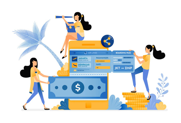 Az emberek pénzt utalnak át a mobil bankoknak, és repülőjegyet vesznek nyaralásra. Vector design illusztráció lehet használni plakát, banner, hirdetések, weboldal, web, mobil, marketing, szórólap - Vektor, kép