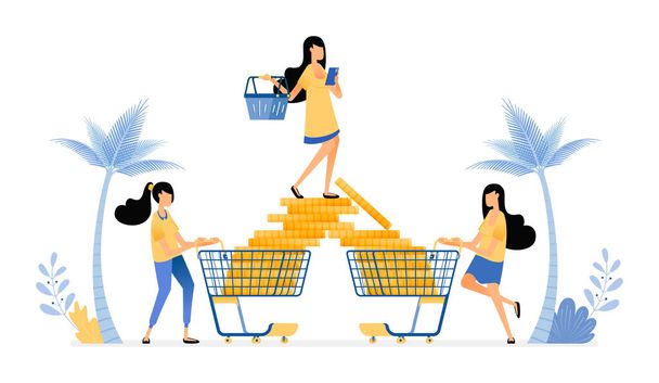 İnsanlar alışveriş yapmayı ve boş şeylere daha çok para harcamayı sever. Tüketim konusunda savurgandırlar. Vektör tasarımı illüstrasyonu poster, pankart, reklamlar, web sitesi, web, pazarlama, broşür için kullanılabilir - Vektör, Görsel