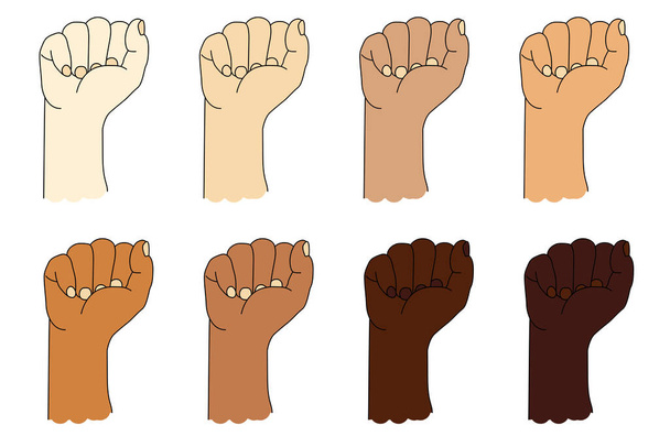 Raccolta di mani etniche umane con colore della pelle diverso. Un gesto della mano. Pugno alzato o pugno stretto. Illustrazione vettoriale isolata su sfondo bianco - Vettoriali, immagini