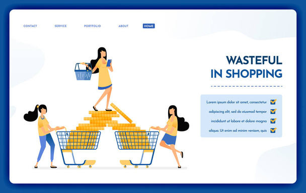 Landing page illustration of wasteful in shopping. People like to spend much more for leisure things. Wasteful in consumerism. Vector design can also be used for website, web, flyer, poster - Vector, Image