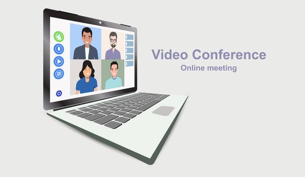 Meeting  Online. Learn Online Study from home via Teleconference Web Video Conference Call During Coronavirus COVID-19 Pandemic Outbreak. Working freelance, e-learning, studying at home on laptops. - Vector, Image