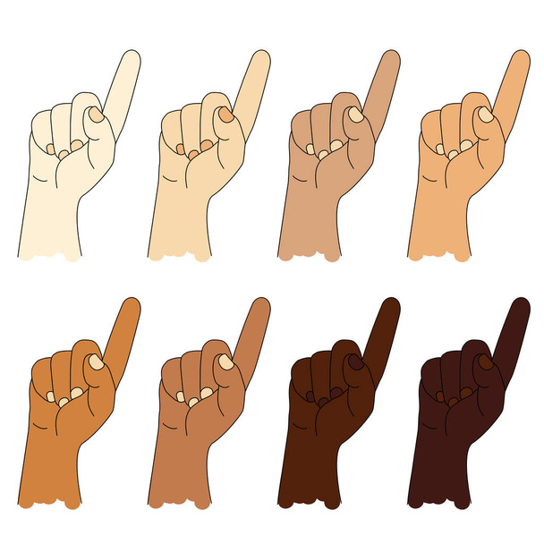 Conjunto de manos étnicas con diferentes colores de piel. Un gesto de mano. Mano Humana muestra un dedo índice. El gesto - el número uno o la atención. Dibujo variado vectorial - Vector, Imagen