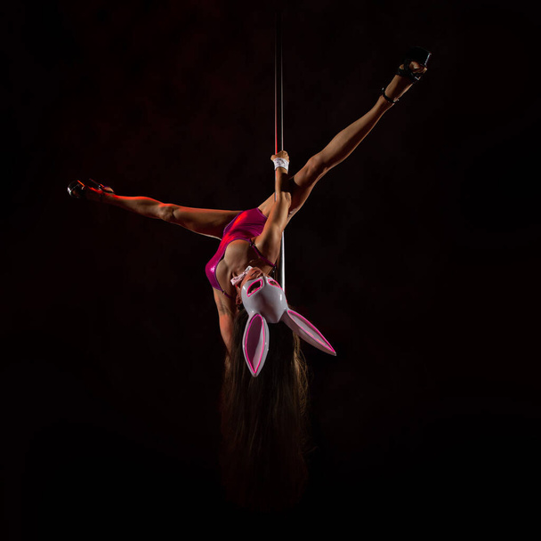 Beautiful woman performing pole dance in rabbit costume. Shoton dark background. - Photo, image