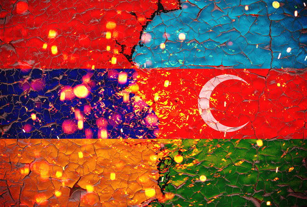 Grunge Armenia VS Azerbejdżan flagi narodowe ikona wzór izolowany na pękniętym tle ściany, abstrakcyjny międzynarodowy związek polityczny przyjaźń podzielony konflikty koncepcja tekstury tapety - Zdjęcie, obraz