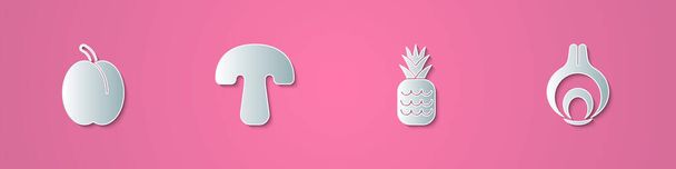 Set carta tagliata Prugna frutta, Fungo, Ananas e cipolla icona. Stile cartaceo. Vettore - Vettoriali, immagini