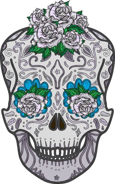 Crâne mexicain avec des roses symbole jour du vecteur mort - Vecteur, image