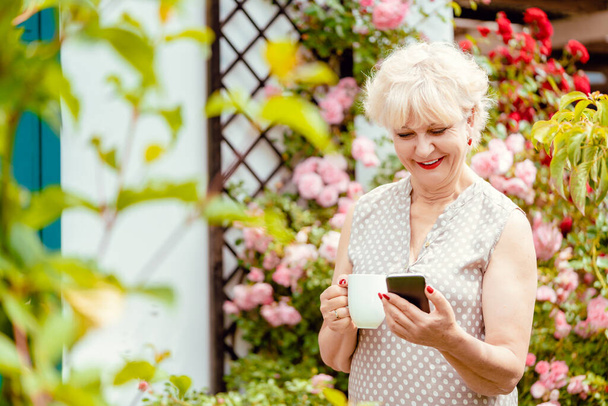 Senior senhora ou avó usando telefone para enviar mensagens de texto a sua família - Foto, Imagem