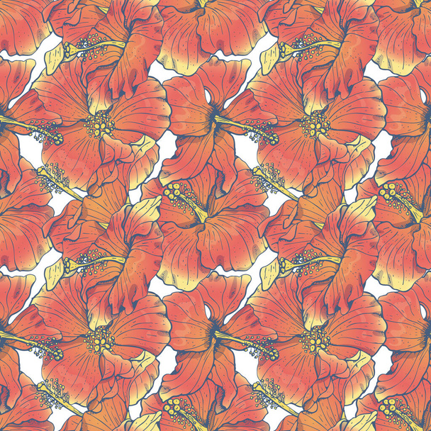 Nahtloses Muster mit roten Hibiskusblüten, Knospen und Blättern, mit dunklen Konturen - Vektor, Bild