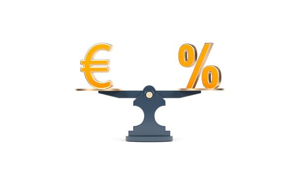 Concept de financement Tableau de solde Euro et symboles de pourcentage de couleur jaune Isolé sur fond blanc Composition horizontale avec espace de copie rendu 3d - Photo, image