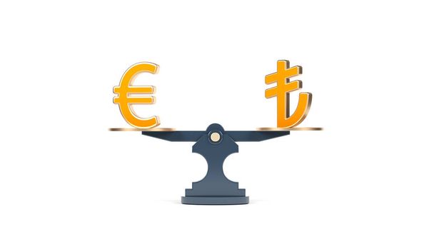 Concept de financement Tableau de balance des symboles euro et lire turque de couleur jaune Isolé sur fond blanc Composition horizontale avec espace de copie rendu 3d - Photo, image