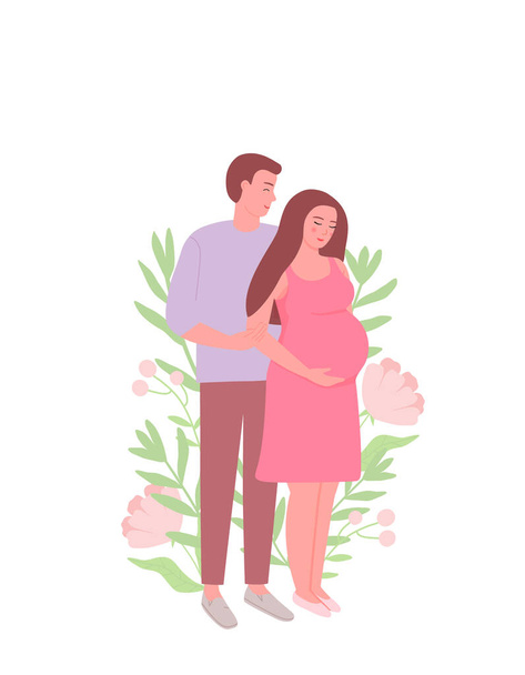 Μια έγκυος γυναίκα και ο σύζυγός της στέκονται όρθιοι. Νεαρή οικογένεια, η έννοια της αγάπης και της φροντίδας. Εικονογράφηση διάνυσμα, επίπεδη - Διάνυσμα, εικόνα