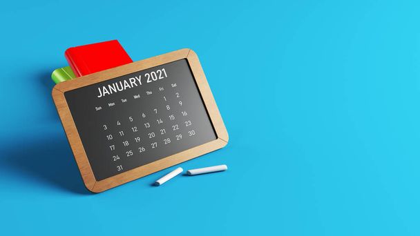 Μικρός πίνακας με ημερολόγιο 2021. Σε μπλε-χρωματιστό φόντο Οριζόντια σύνθεση με αντίγραφο χώρου - Φωτογραφία, εικόνα
