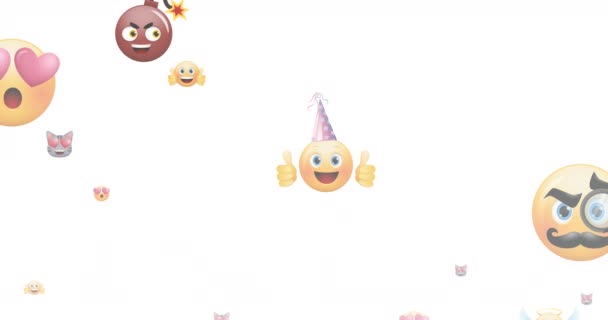 Animation of multiple emoji icons flying up on white background. social media and online networking concept digitally generated video. - Filmati, video