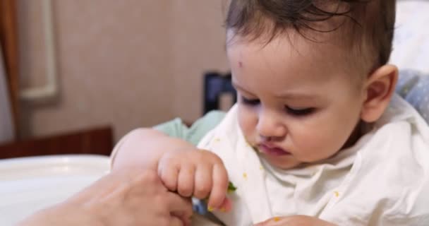 Äiti ruokkii poikaa lusikalla ja kädellä, perheen ruoalla ja vanhemmuudella. ensimmäiset täydentävät elintarvikkeet ja oma-aloitteinen ruokinta - Materiaali, video