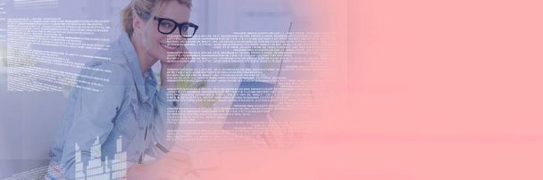Composition of data processing over businesswoman working in office with pink background. global business and technology concept digitally generated image. - Фото, изображение