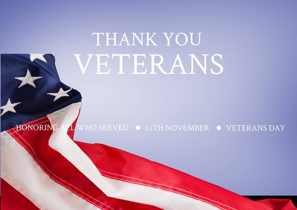 Thank you veterans over american flag waving, veterans day and patriotism concepts. digitally generated image - 写真・画像