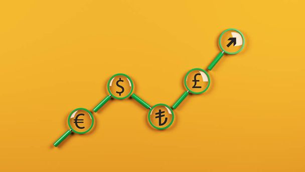 Währungssymbole und Lupe in einer Finanzkarte auf orangefarbenem Hintergrund aufgereiht Horizontale Komposition mit Kopierraum - Foto, Bild