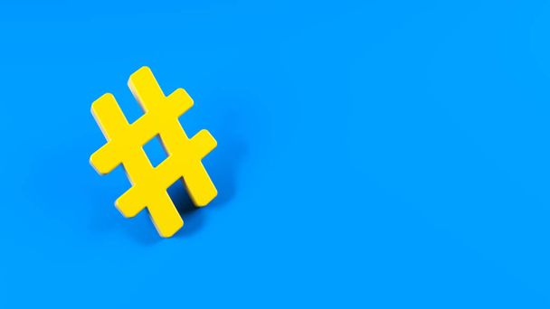 Gelbfarbenes Hashtag-Symbol auf blauem Hintergrund. Horizontale Komposition mit Kopierraum - Foto, Bild