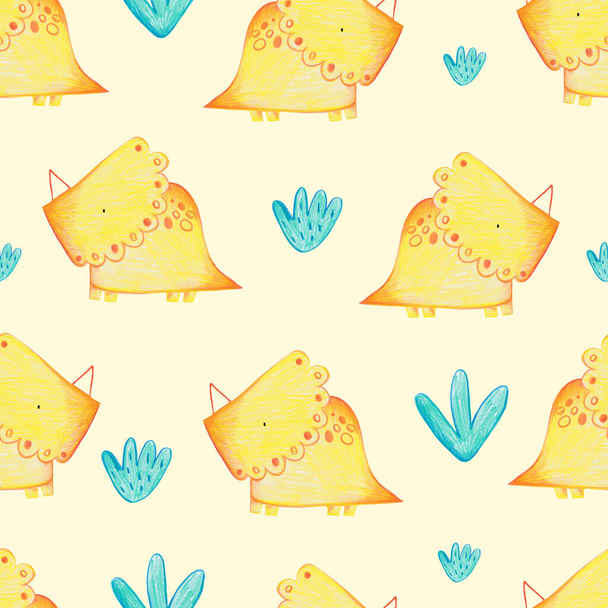Pencil hand-drawn colored seamless repeating children pattern with cute dinosaurs and doodles in Scandinavian style on a white background. Baby pattern with dinosaurs. Cute baby animals. - Photo, Image