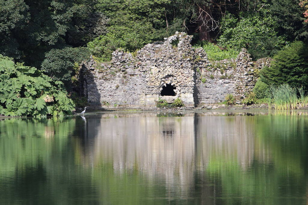Вид на руины у озера в National Trust property of Stourhead Gardens in Wiltshire, UK - Фото, изображение