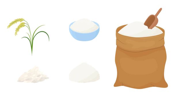 Bag of rice flour and measuring scoop isolated on white background. Vector illustration of organic cereal meal in cartoon simple flat style. - Vector, Imagen