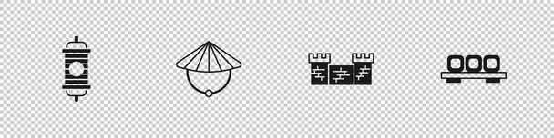 Kínai papírlámpás, kúpos szalmakalap, kínai nagy fal és sushi vágódeszka ikon. Vektor - Vektor, kép