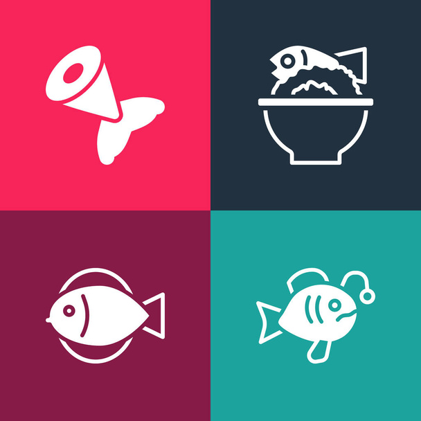 Set pop art Pesce tropicale, Pesce, Servito su ciotola e icona di coda. Vettore - Vettoriali, immagini