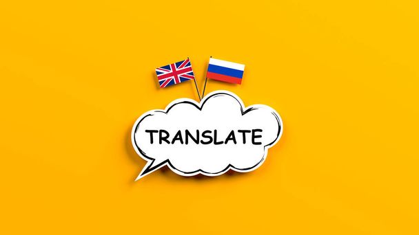 Englanti ja venäjä käännös käsite. Musta-kehystetty pilvi muotoinen puhekupla kääntää tekstiä ja pieni Englanti ja Venäjä liput keltaisen värinen tausta. Vaakasuora koostumus ja kopiotila - Valokuva, kuva