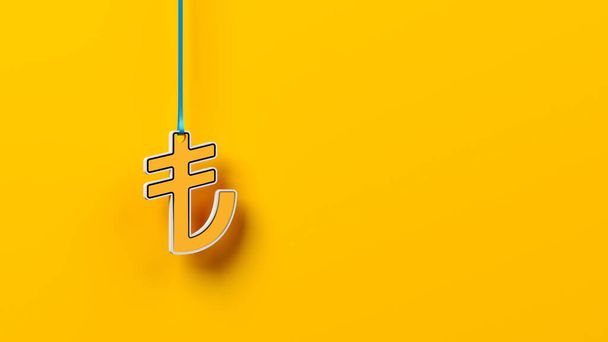Yellow-colored Turkish lira symbol hanging with rope on the orange-colored background. Horizontal composition with copy space - Fotoğraf, Görsel
